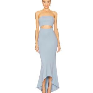 REVOLVE Strapless Powder Blue Maxi Dress with peekaboo detail and flaired skirt